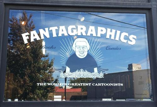 Window of the Fantagraphics store with art by Daniel Clowes